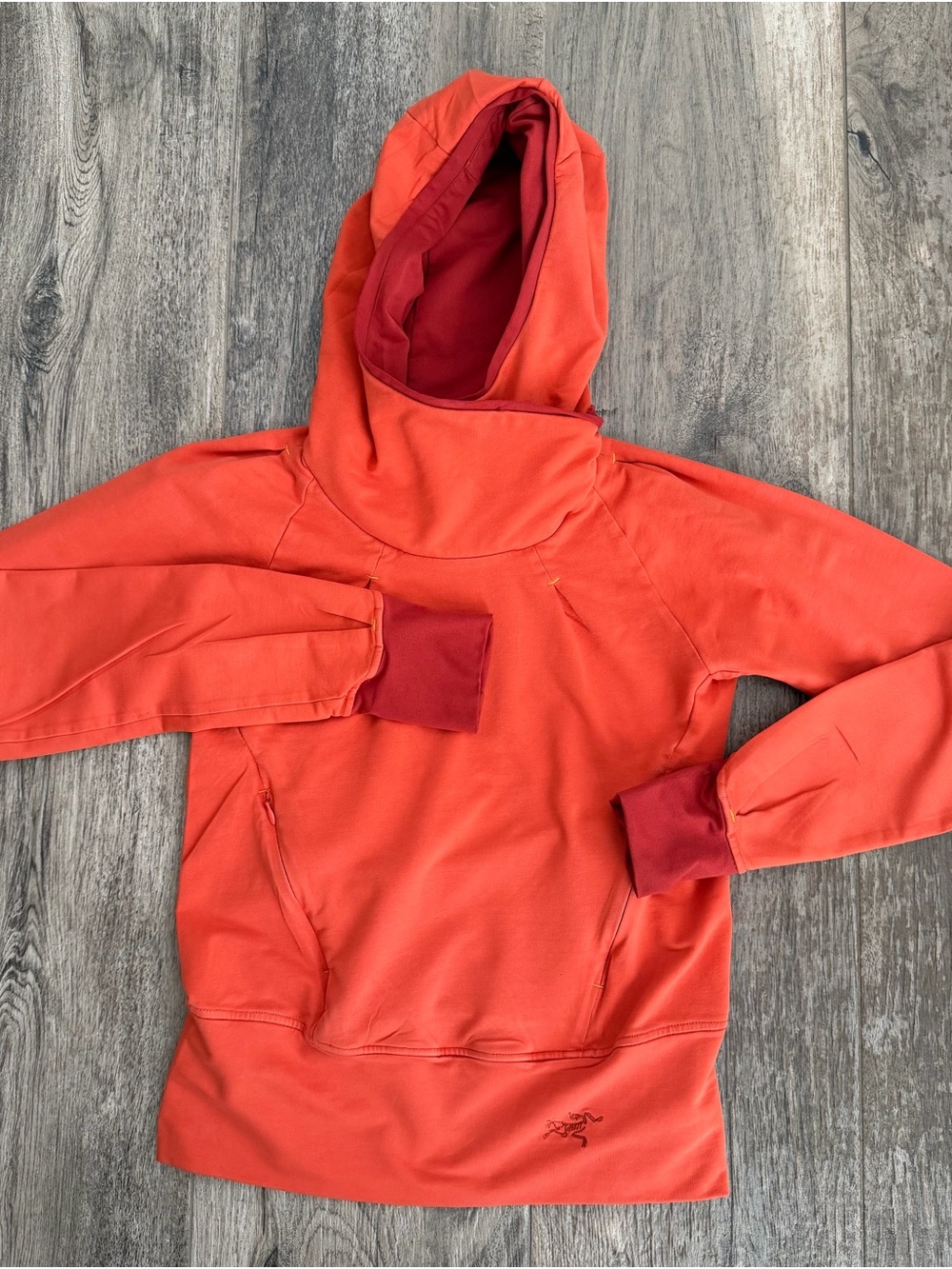 Arc'teryx Kids Orange Hooded Pullover with Red Cuffs
